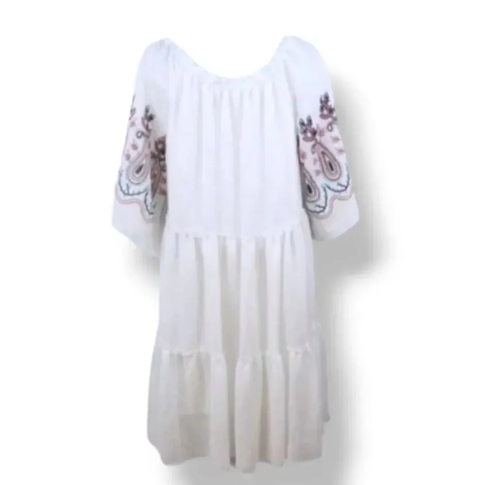 NEW Indigo Rose Textured Paisley Boho Off The Shoulder Dress in White Size Small
